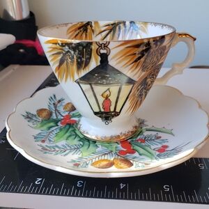 Mid-century hand painted Teacup & Saucer. Holiday Christmas